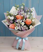 Букет Утренняя свежесть в Нальчике Букет цветов из:  Лизиантусы, Розы, Альстромерии и Гипсофила в Нальчике